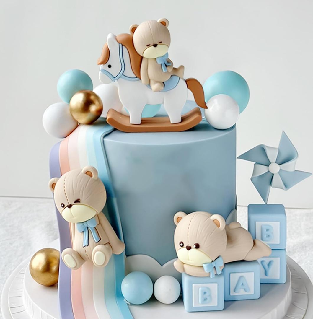 Blue Baby Bear Cake Topper Oh Boy Baby Shower Blue Bears Cake Decorations for Bear Themed Baby Shower Oh Boy Birthday Party Supplies Gold Balls Cake Toppers