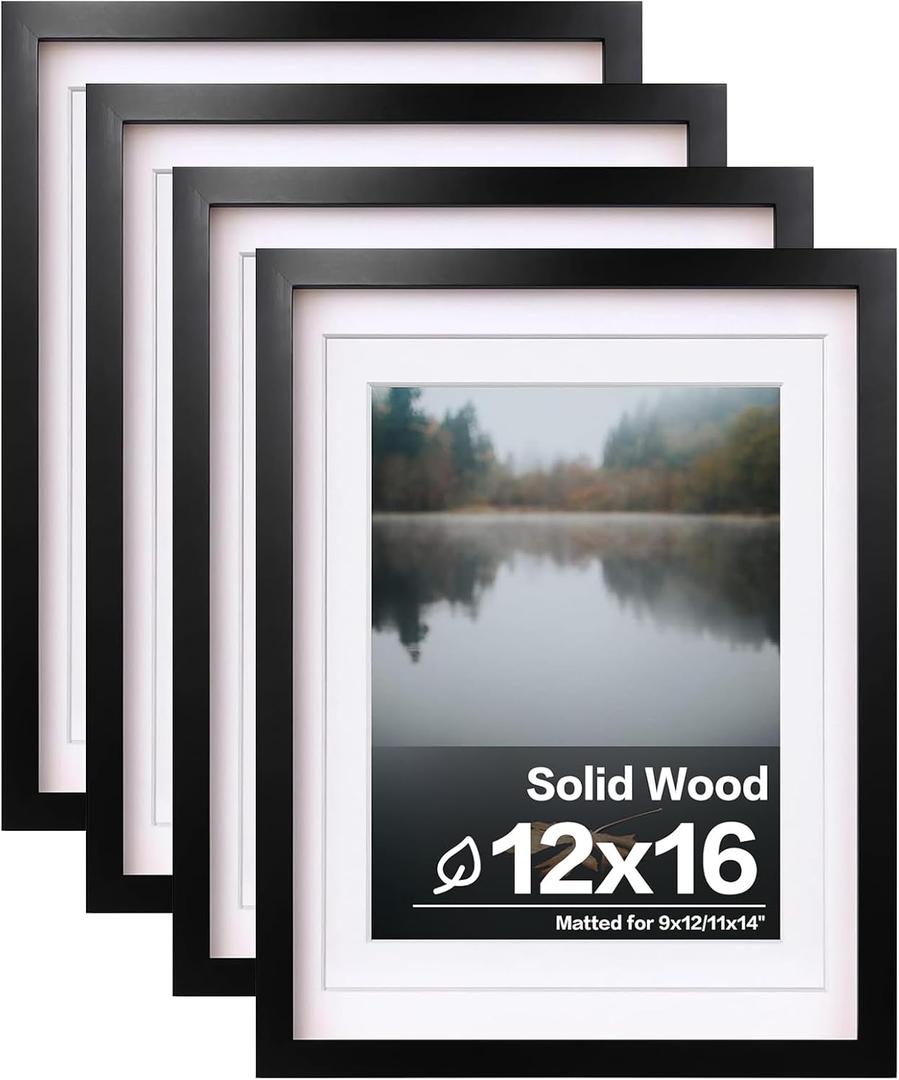 Egofine 12x16 Picture Frames Set of 4, Made of Solid Wood Covered by Plexiglass 9x12 and 11x14 with Mat or 12x16 without Mat, for Wall Mounting Photo Frame Black