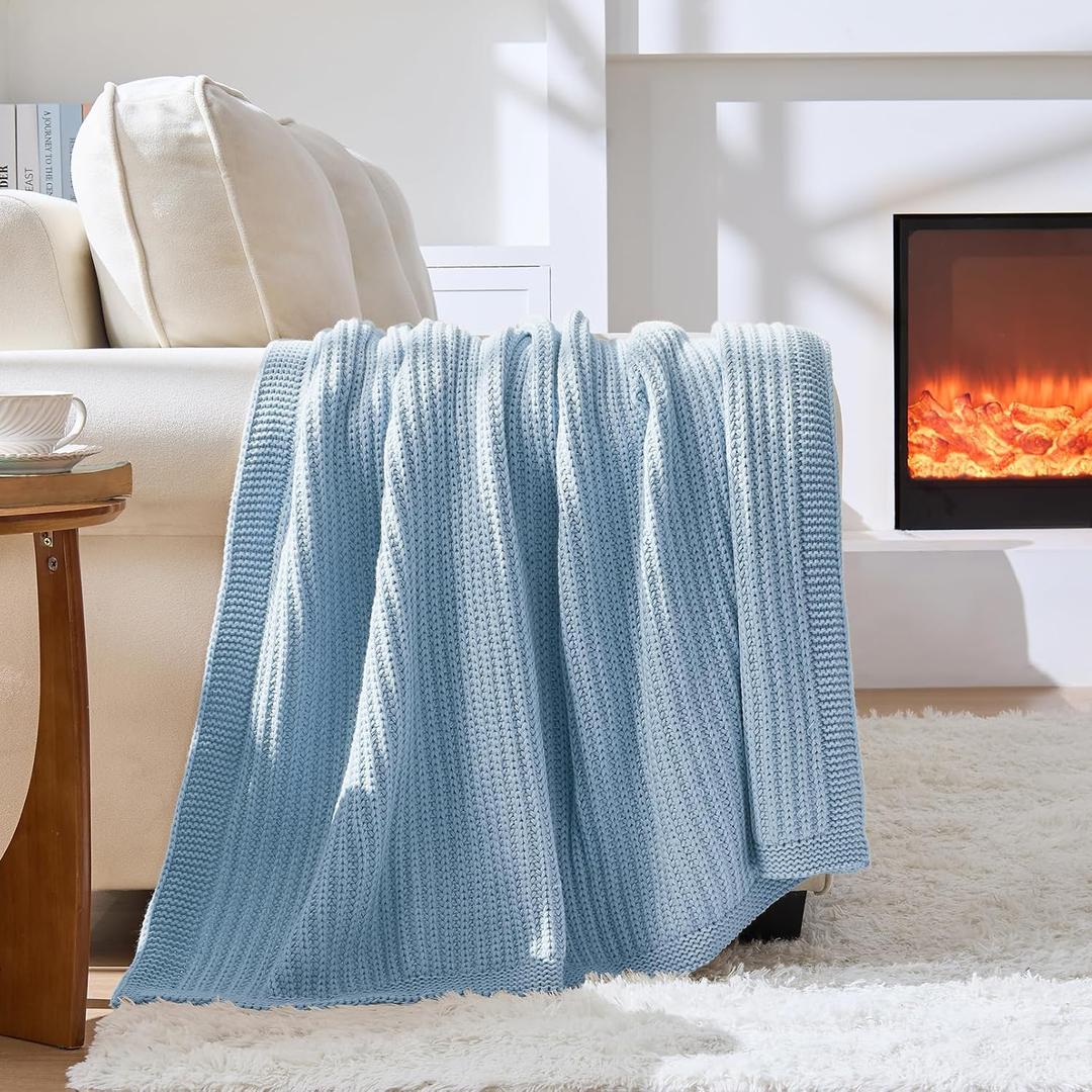 Chunky Knit Blue Throw Blanket for Couch Soft Cozy Thick Cable Knitted Throw Blankets for Sofa Bed Cute Decorative Throw Blanket for Living Room,50"x 60",Light Blue