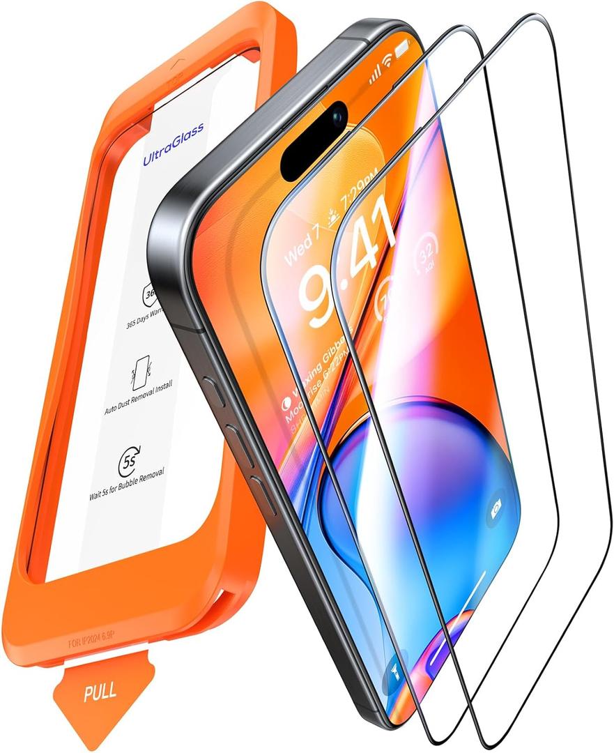 UltraGlass Top 9H+ Glass for iPhone 15 Screen Protector [Military Grade Shatterproof & Longest Durable] Screen Protector iPhone 15 Tempered Glass Full Coverage Protection, 2 Pack (2-iPhone 15)