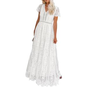 MEROKEETY Women's 2026 V Neck Short Sleeve Floral Lace Wedding Dress A Line Boho Bridesmaid Cocktail Party Maxi Dress, White, XX-Large