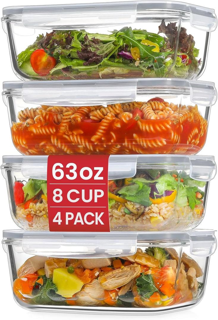 4 Pack 8 Cups/ 63oz Large Glass Storage Containers with Lids, Meal Prep Containers, Glass Food Storage with Airtight Lid for Baking, Leak Proof & Microwave, Oven Safe (4 Containers + 4 Lids)