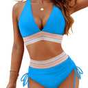 Blooming Jelly Womens High Waisted Bikini Sets Two Piece Tummy Control Bathing Suit Color Block Swimsuit (XXL, Bright Blue)