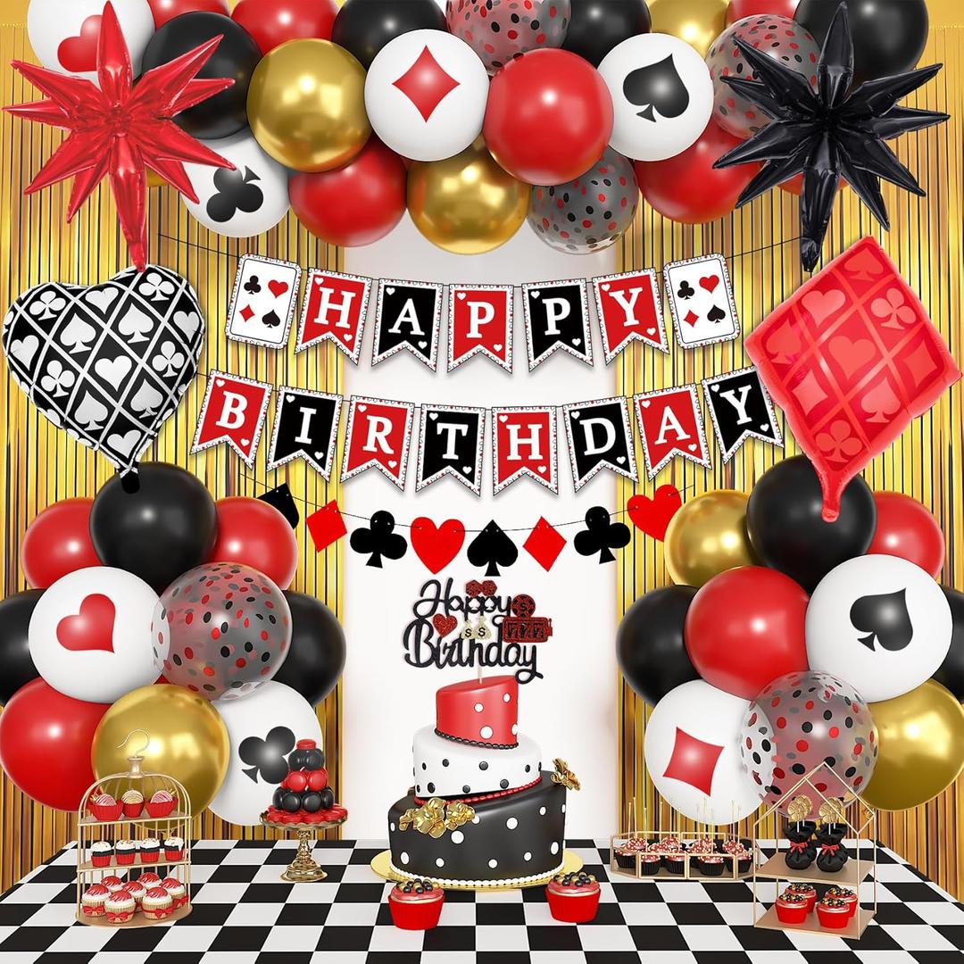 Ouddy Life 103Pcs Casino Theme Party Decorations, Red and Black Happy Birthday Banner Star Heart Poker Foil Balloons Fringe Curtain Paper Tassel Cake Topper for Las Vegas Game Night Party Decorations