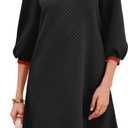 Wenrine Womens 3/4 Sleeve Mini Dress Casual V Neck Collared Textured Loose Fall A Line Argyle Dresses with Pockets (Medium)