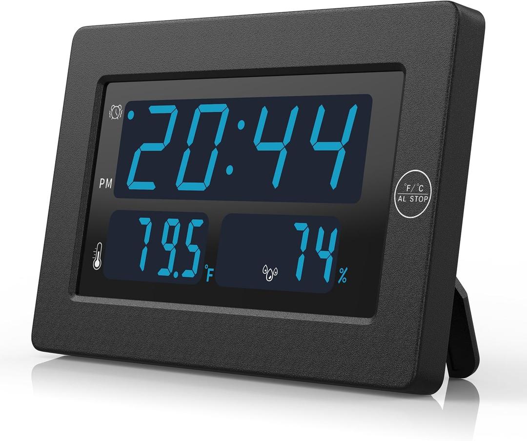 Alarm Clock, Humidity/Temperature Display, 8" Screen Display, 12/24Hr, 3 Level Brightness, Dimmable,Wall-mounted/Table-top, Battery Operated, Clock for Bedroom, Kids, Elderly (Black Case-blue Led)