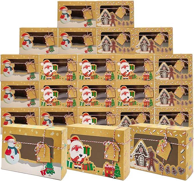 PARSUP 24PCS Christmas Cookie Boxes with PVC Window Kraft Paper Gift Cake Treat Chocolate Cake Boxes with Tags for Holiday Xmas Party Favor Supplies, 3 Styles, 8.7x5.9x2.7inch