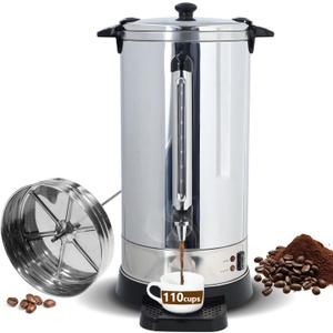 HOMOKUS Commercial Coffee Urn,16.5L Large Coffee Maker with Drip Tray,110 Cup Double Wall Stainless Steel Drink Coffee Dispenser,1500W Quick Brew Electric Coffee Percolator for Party Restaurant
