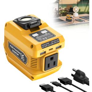 Hisecren 220W Portable Power Inverter Compatible with Dewalt 20V Battery, DC 20V to AC 110V Battery Inverter, Power Station with 400LM LED Work Light, 1 AC Outlet, 2 USB Ports &1 TypeC, Fast Charging