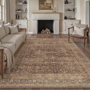 HUGEAR 8x10 Washable Area Rug Brown Vintage Neutral Living Room Rug Soft Non Slip Large Distressed Carpet Low Pile Pet Friendly for Bedroom Dining Room