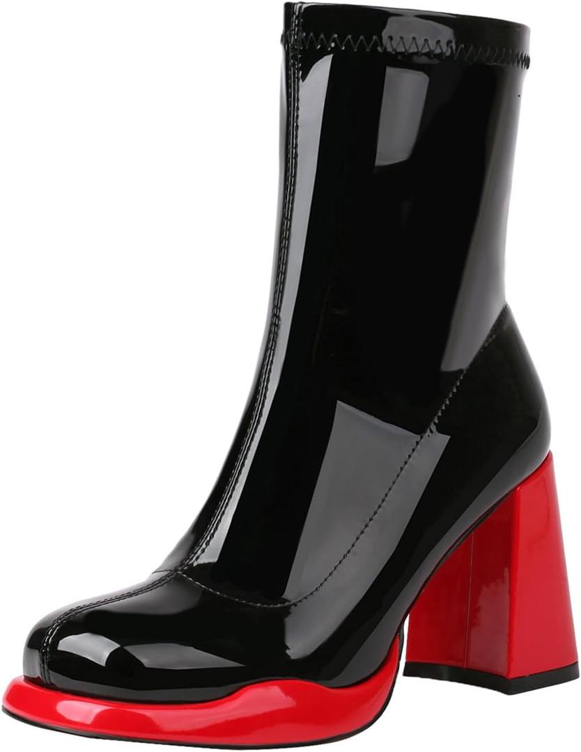 Mofirdast Gogo Boots Platform Chunky Heel Ankle Boots for Women, Square Toe Mid Calf Boots with Side Zippers for Party, Cosplay, or Dance (8.5, Red)