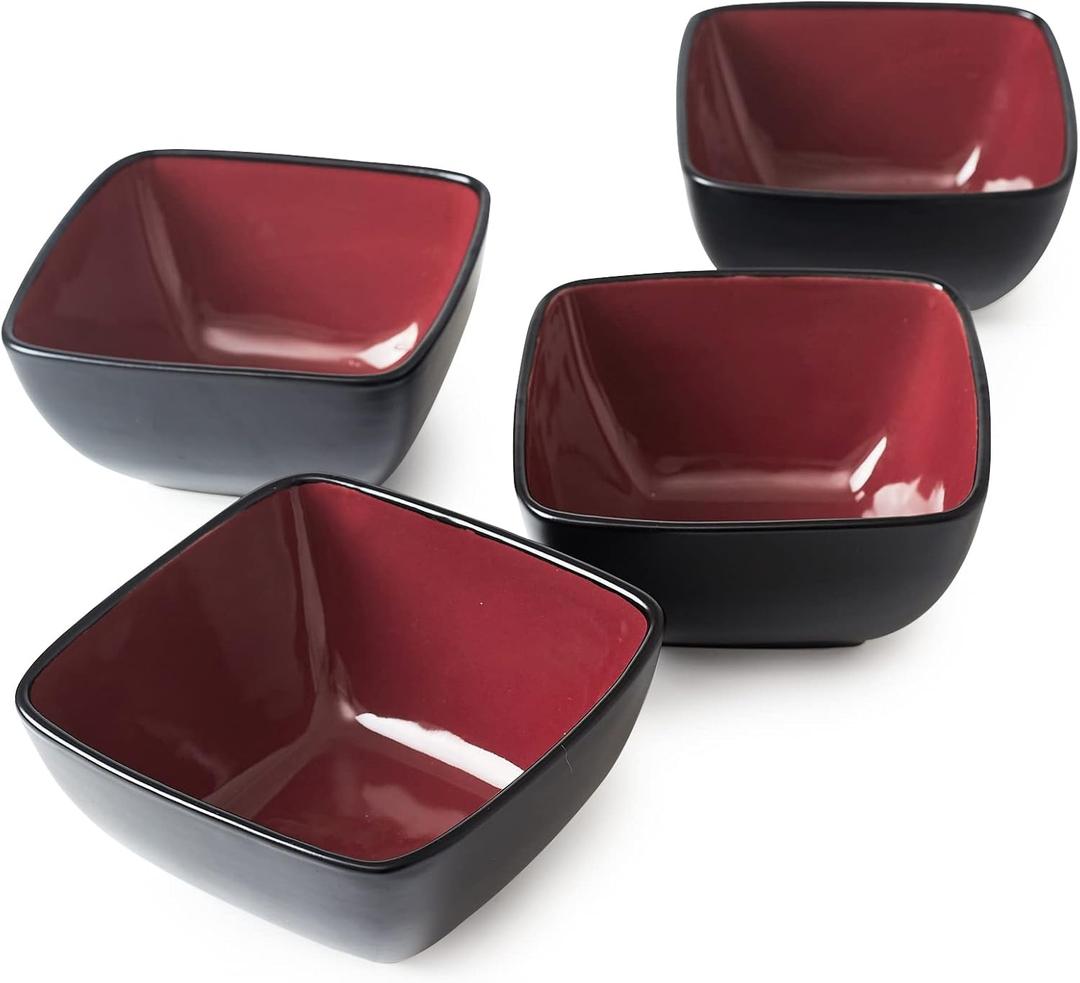 AmorArc 32oz Square Cereal Soup Bowls, Stoneware Bowls Set of 4 for Kitchen, Large Bowls for Cereal,Soup,Salad,Meal, Microwave & Dishwasher Safe-Red Inside
