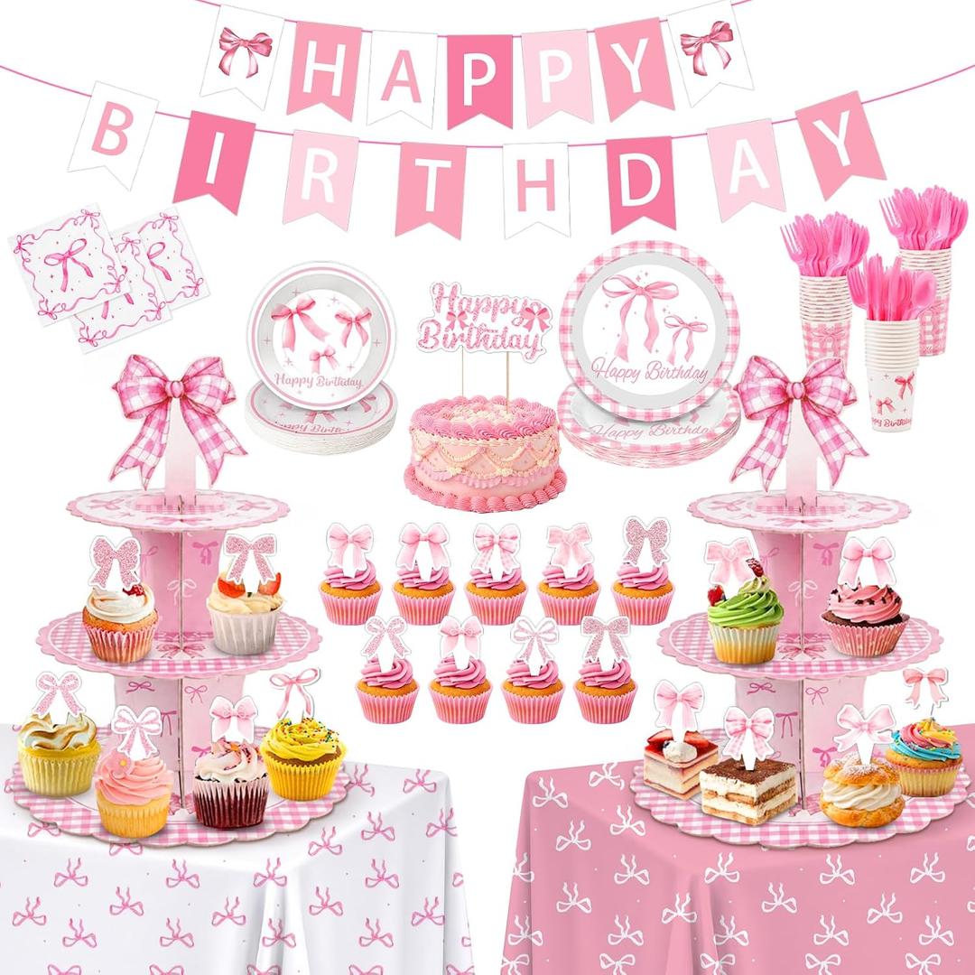 2 x 198pcs Pink Bow Birthday Party Decorations Serve 24, Include Plates Napkins Cups, Cupcake Stands, Birthday Banner, Cake Toppers, Silverware, Tablecloth Coquette Bow-themed Supplies for Girls&Women