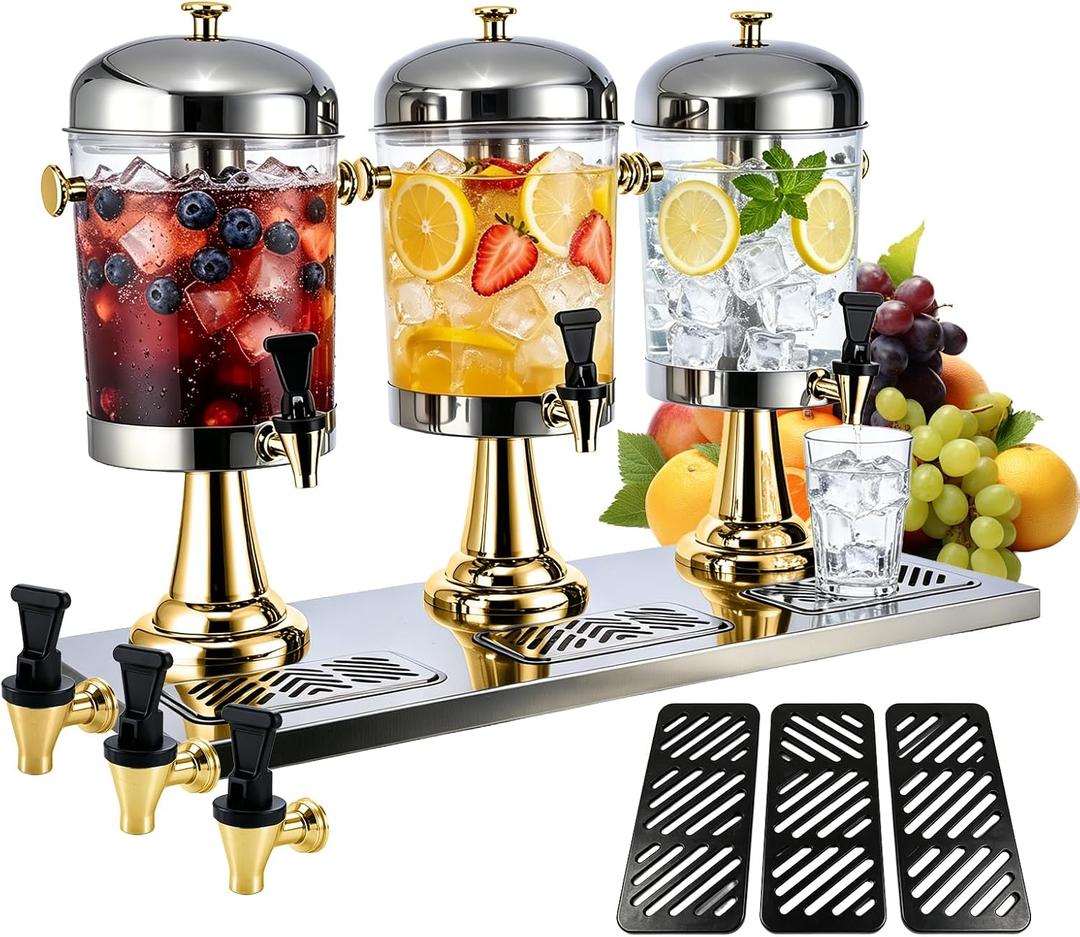 6.3 Gallon Drink Dispensers for Parties, Leakproof Stainless Steel Beverage Dispenser with Stand, 6 Spigots & 6 Drip Trays, Commercial Water Pitcher with Ice Core for Juice, Tea, Lemonade