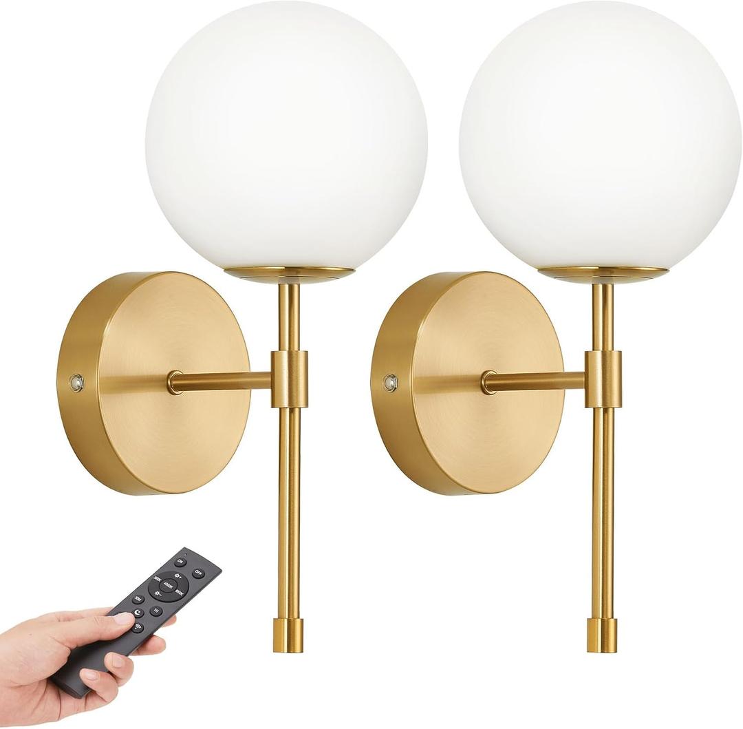 Battery Operated Wall Sconces Set of 2, Glass Globe Wireless Lights with Remote & Touch Control, Rechargeable Brushed Gold Sconce, 3 Color Dimmable Ambient Lighting for Bedroom Living Room, Straight Arm