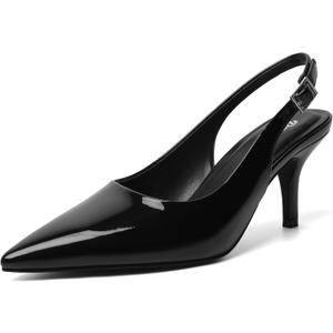 RIBONGZ Black Heels for Women Slingback Kitten Heels Closed Pointed Toe Ankle Strap Low Patent Leather Heeled Sexy Pumps Wedding Bride Guest Party Evening Prom Formal Herls Dressy Shoes, Size: 6.5