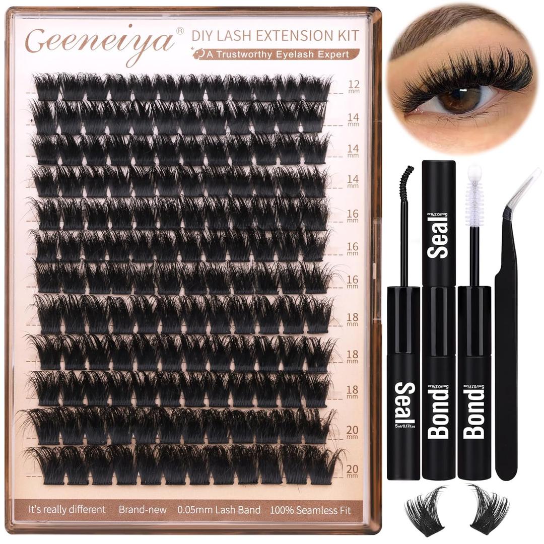 Geeneiya 200D Lash Clusters Kit Thick Lash Extension Kit 10-20mm Wispy Cluster Eyelash Extensions Individual Eyelashes Kit with Lash Bond and Seal DIY Lashes Applicator for Beginners