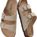 KIDMI Unisex Genuine Suede Summer Sandals Arch Support Cork Footbed Slide Sandals with Double Adjustable Buckle for Women Men (10 Women/8.5 Men, Stone)