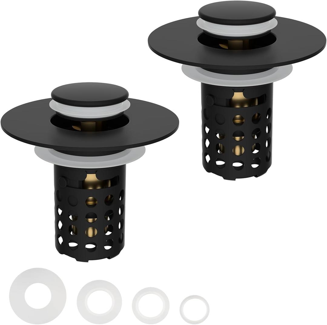 Universal Bathroom Sink Drain Strainer Hair Catcher 2PCS Upgraded with Removable Stainless Steel Filter Basket, 3 in 1 Pop Up Sink Stopper for 1.1''~2.36'' Sink Basin Hole, Matte Black