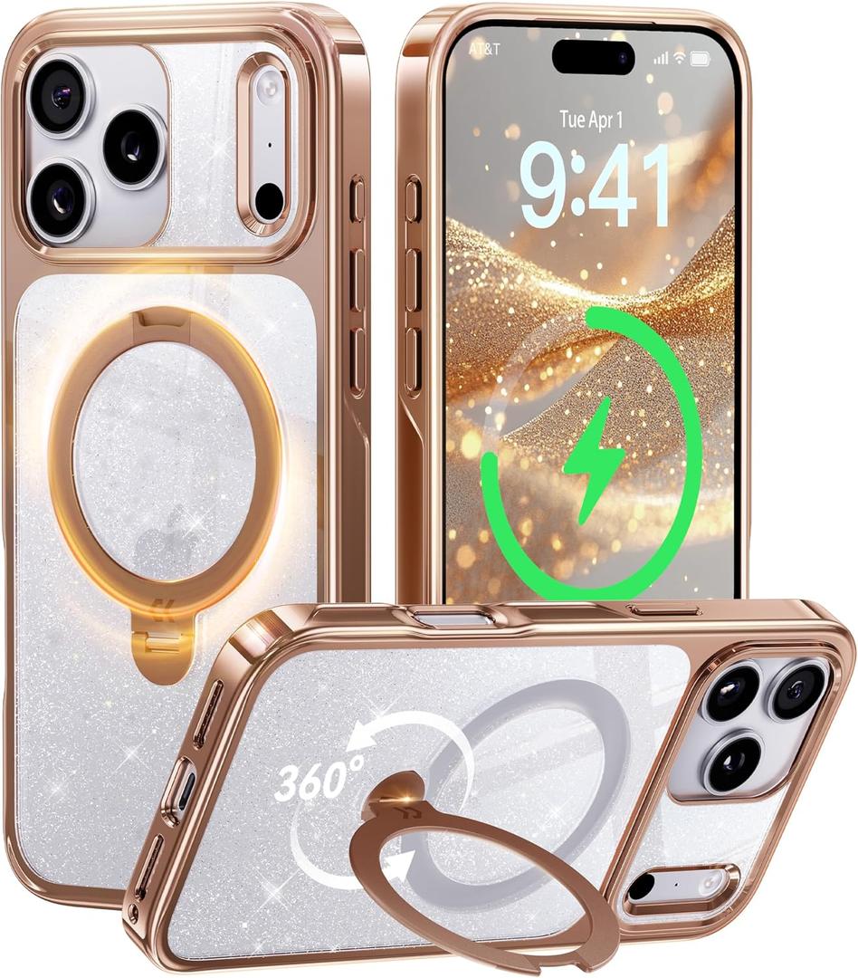 CASEKOO Rose Gold Pearl Sparkle 360 Spin Magnetic Stand for Glossy iPhone 17 Pro Case for Women, Fit for MagSafe, 17FT Drop Protection, Chic Design for 17 Pro Case with Stand, Sparkle Rose Gold
