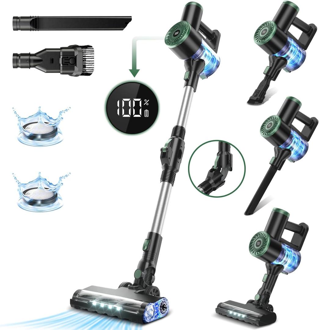 Cordless Stick Vacuum Cleaner, Powerful Rechargeable Wireless Vacuum Cleaner for Home 6 in 1 with LED Display, Self-Standing and 180 Bendable Wand, for Carpet and Hard Floor Pet Hair