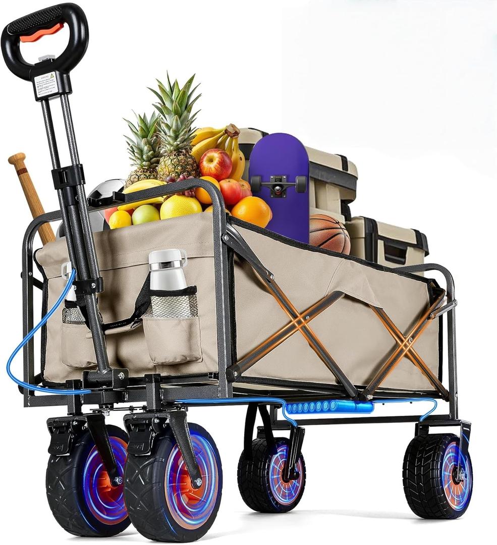 Electric Collapsible Garden Wagon Cart with Wheel,Rolling Foldable Metal Utility Wagon Carts,100w Power and 300lb Capacity, Portable for Camping,Sports,Shopping,Groceries,Laundry (Beige)