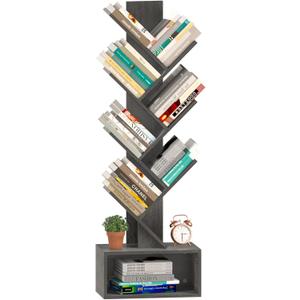 Yoobure Tree Bookshelf - 6 Shelf Retro Floor Standing Bookcase, Tall Wood Book Storage Rack for CDs/Movies, Utility Book Organizer Shelves for Bedroom, Living Room, Home Office, Dark Grey (Charcoal Gray)