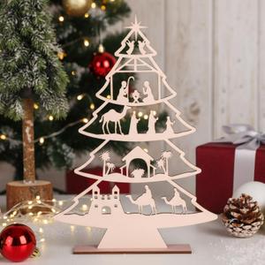 2 x Thyle Standing Christmas Nativity Scene Set Table Ornament Wooden Christmas Tree Sign Statue Jesus Nativity Set Farmhouse Xmas Tabletop Decoration for Xmas Indoor Decoration