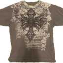 Men's Y2K Vintage T-Shirt Gothic Cross Graphic Print T-Shirt Round Neck Short Sleeve Tops (X-Large, Brown)