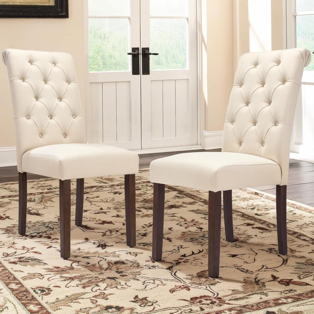 COLAMY Tufted Dining Chairs Set of 2, Accent Parsons Diner Chair Upholstered Fabric Stylish Kitchen Chairs with Solid Wood Legs and Padded Seat, Beige