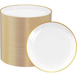 FOCUSLINE 100 Count Gold Plastic Plates 7 Inch, Disposable Heavy Duty Salad Dessert Plates, Premium Hard Plastic Plate Disposable with Gold Rim for Wedding Parties