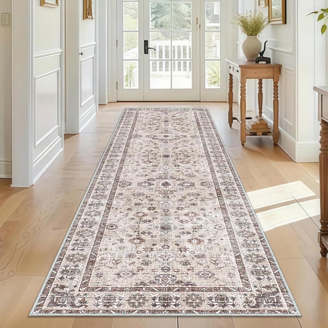 2x8 Runner Rug for Hallway, Washable Non Slip Kitchen Rugs, Beige