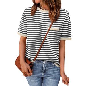 LILLUSORY Womens Striped Short Sleeve Sweater Pullover Shirts with Chest Pocket S