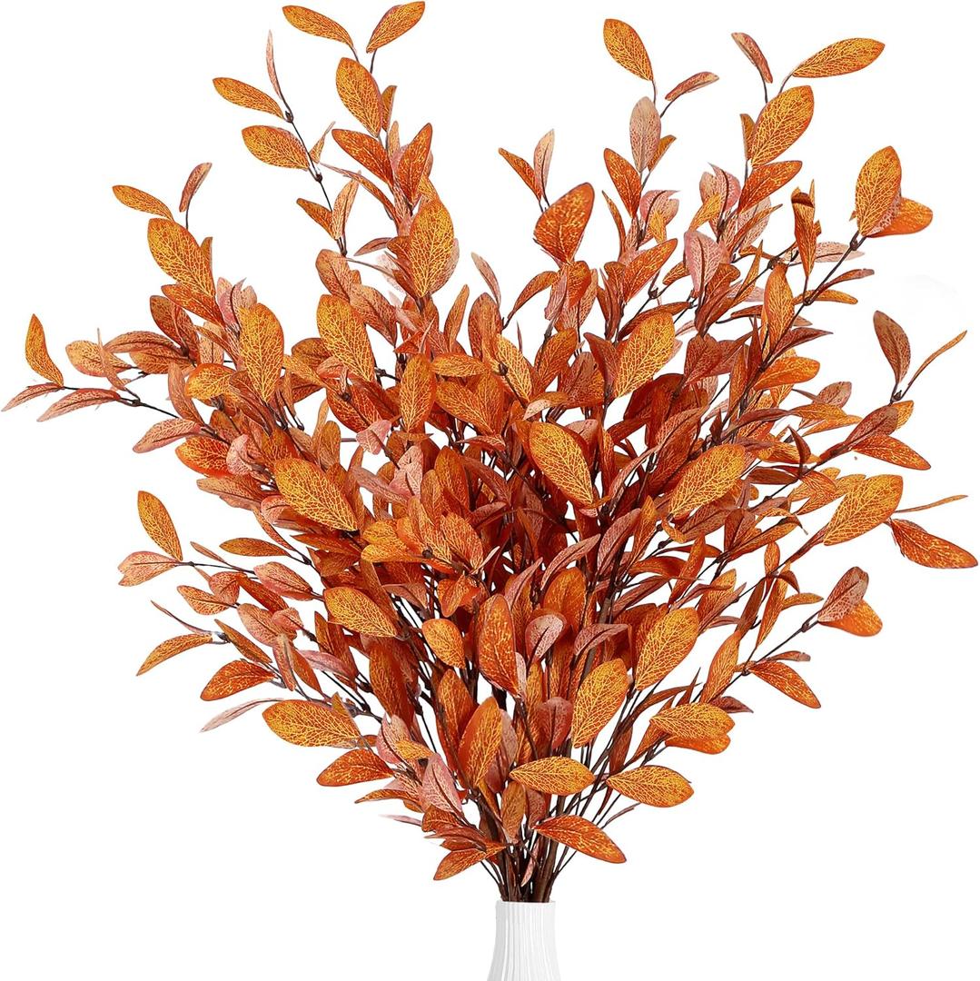 Sggvecsy 6 Pcs Artificial Fall Eucalyptus Stems Fall Eucalyptus Leaves Silk Autumn Leaf Branches Fall Decorations for Home Vase Thanksgiving Table Centerpieces Harvest Festival Decor (Orange)
