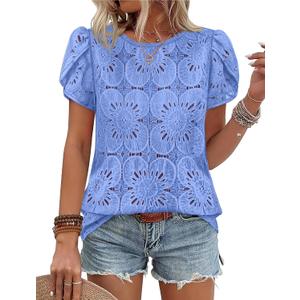 OFEEFAN Blouses for Women Dressy Casual Petal Short Sleeve Shirts Crochet Lace Boho Tops Spring Fashion Summer Outfits L