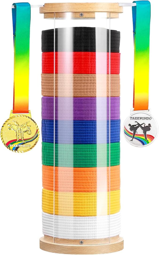 Tilhumt 9 Belts Karate Belt Display Rack, Freestanding Taekwondo Belt Display Holder, Cylindrical Martial Arts Belt Organizer with Extendable Medal Hanger for Adults TKD, BJJ, Kungfu