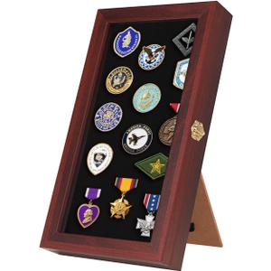 Verani 8.5 x15 Pin Display Case with Real Glass Door Frame Bracket for Military Medals, Beach Tags, Jewelry Pins, Pin Gift, Insignia Ribbons, Pin Enthusiast Collectibles, Mahogany