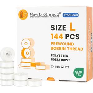New brothread 144pcs Type L (SA155) Size White Prewound Bobbin Thread Plastic Side for Commercial & Home Embroidery and Sewing Machines - 90 Weight Cottonized Soft Feel Polyester Sewing Thread