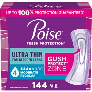 Poise Ultra Thin Incontinence Pads & Postpartum Pads for Bladder Leaks, 4 Drop Moderate Absorbency, Regular Length, 144 Count
