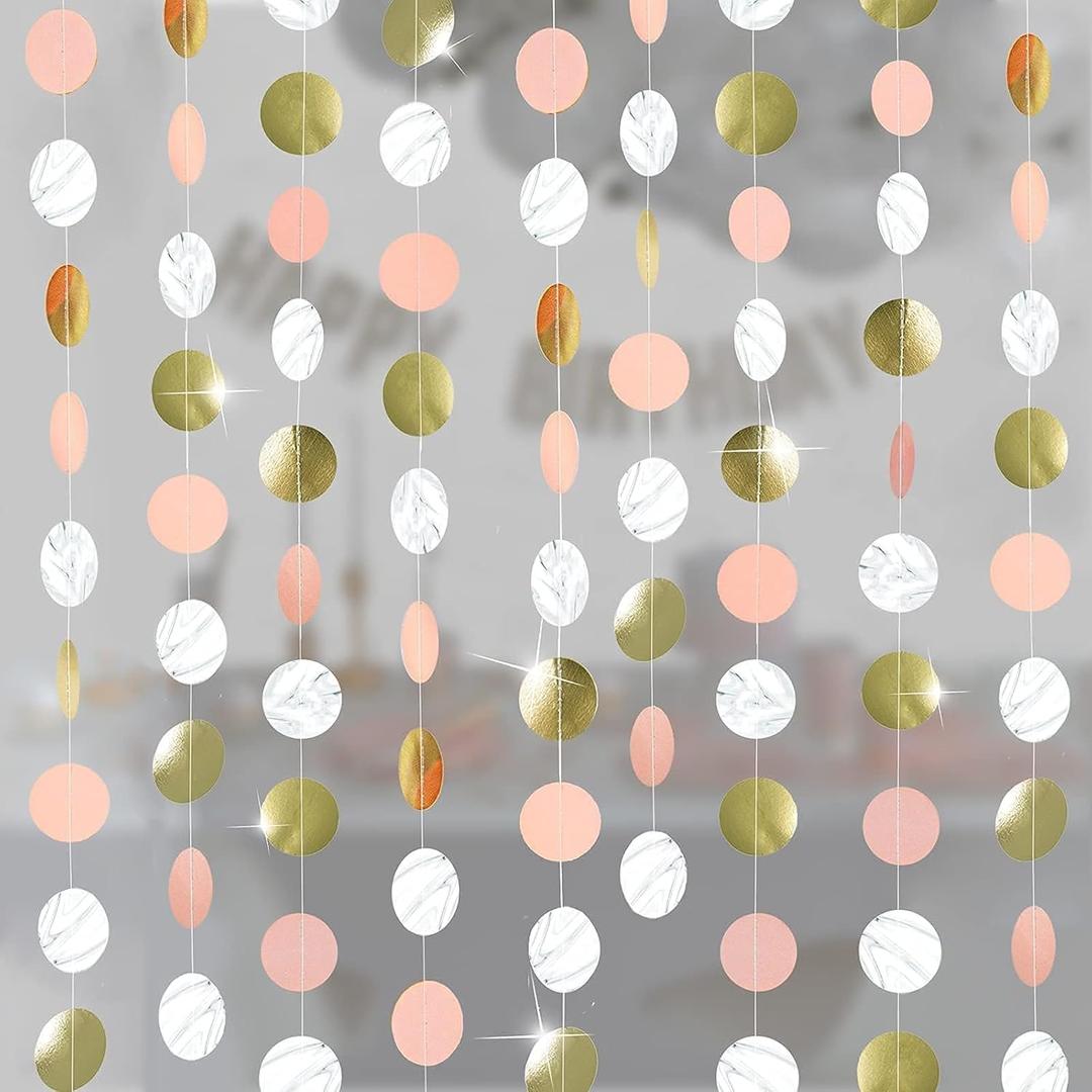 Cheerland Clearance Pink Gold Party Decorations Dot Garlands Circle Banner Streamer Backdrop Hanging Decor for Birthday Wedding Engagement Bridal Baby Shower Sweet 16 Mothers Day Party Supplies
