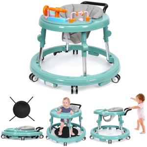 NVW Music and Lights Baby Walker Foldable with 9 Adjustable Heights, Baby Walker with Wheels Portable, Baby Walkers and Activity Center for Boys Girls Babies 7-18 Months (New-Green)