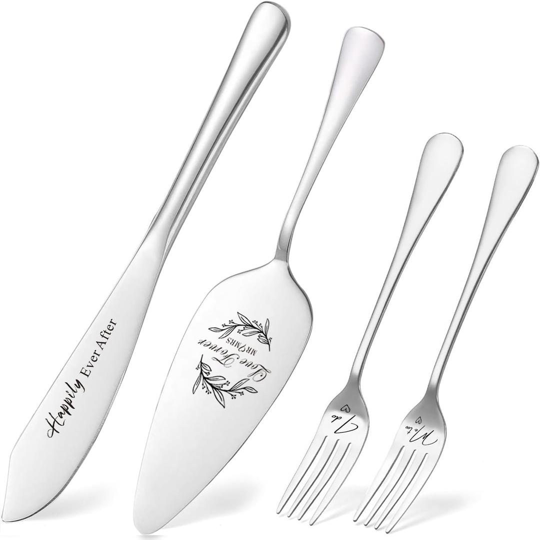 2 x Cake Cutting Set for Wedding, Cake Knife and Server Set with Forks for Mr and Mrs Bridal Shower Gifts (Silver)