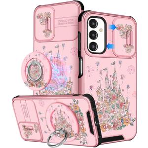 Buleens for Samsung Galaxy A16 5G Phone Case - with Ring Stand & Camera Cover Aesthetic Cute Designed for Women Girls Girly Kawaii Castle Flowers for Samsung A16 5G Cases Compatible with Magsafe