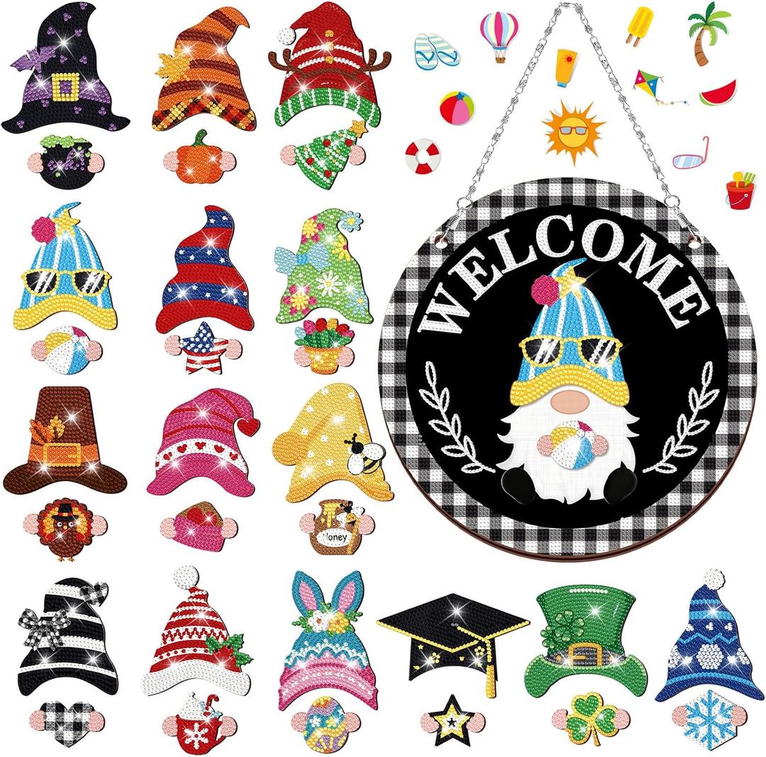 Qunclay 31 Pcs Diamond Painting Magnetic Interchangeable Gnome Sign DIY Holiday Seasonal Gnome Wooden Welcome Hanging Front Door Home Party Wreath Decoration with Magnet Detachable Hat and Hand