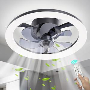 COCOSTAR Smart Bladeless Ceiling Fan with Lights - 16in Low Profile Flush Mount for Bedroom, Black, Remote Control, Ultra Quiet, Easy Install Kit Included