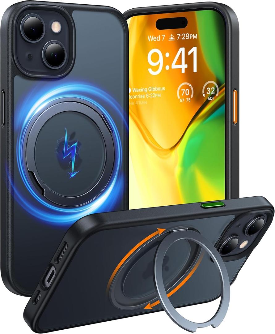 TORRAS 360 Rotatable Stand for iPhone 15 Case/iPhone 14 Case, [Compatible with MagSafe] Magnetic Ring Holder [3X Military Grade Tested] Shockproof Translucent Slim Case for iPhone 15 Phone Case,Black