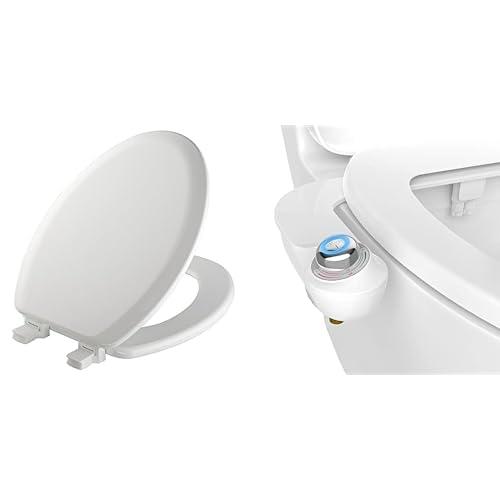 Mayfair Cameron Toilet Seat and Bidet Bundle, Easy Clean Wood Toilet Seat with Non-Electric, Easy to Install SlimGlow Bidet Attachment, Elongated, White