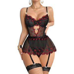 Foxiny Sexy Stocking Underwire Push Up Rhinestones Heart Floral Lace Mesh Sheer Garter Bodysuit Skirt Lingerie Set 3 Piece, Size L