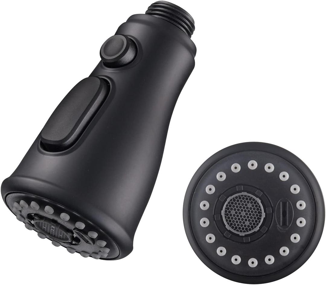 Kitchen Sink Pull Down Faucet Spout Replacement Black, 3 Function (Flow/Spray/Water Blade) Sprayer Nozzle with Check Valve, G1/2 Connector Only, ABS Plastic Material