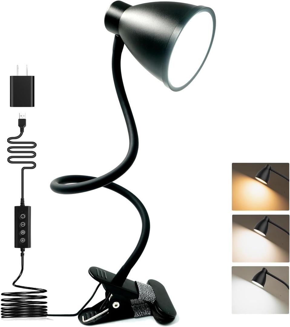 BOHON Desk Lamp 5 Color Modes 10 Brightness Dimmer Reading Light 10W 38 LED Clamp Lamp with Auto Off Timer 360 Flexible Neck Clip on Light for Bed Bedside, AC Adapter Include